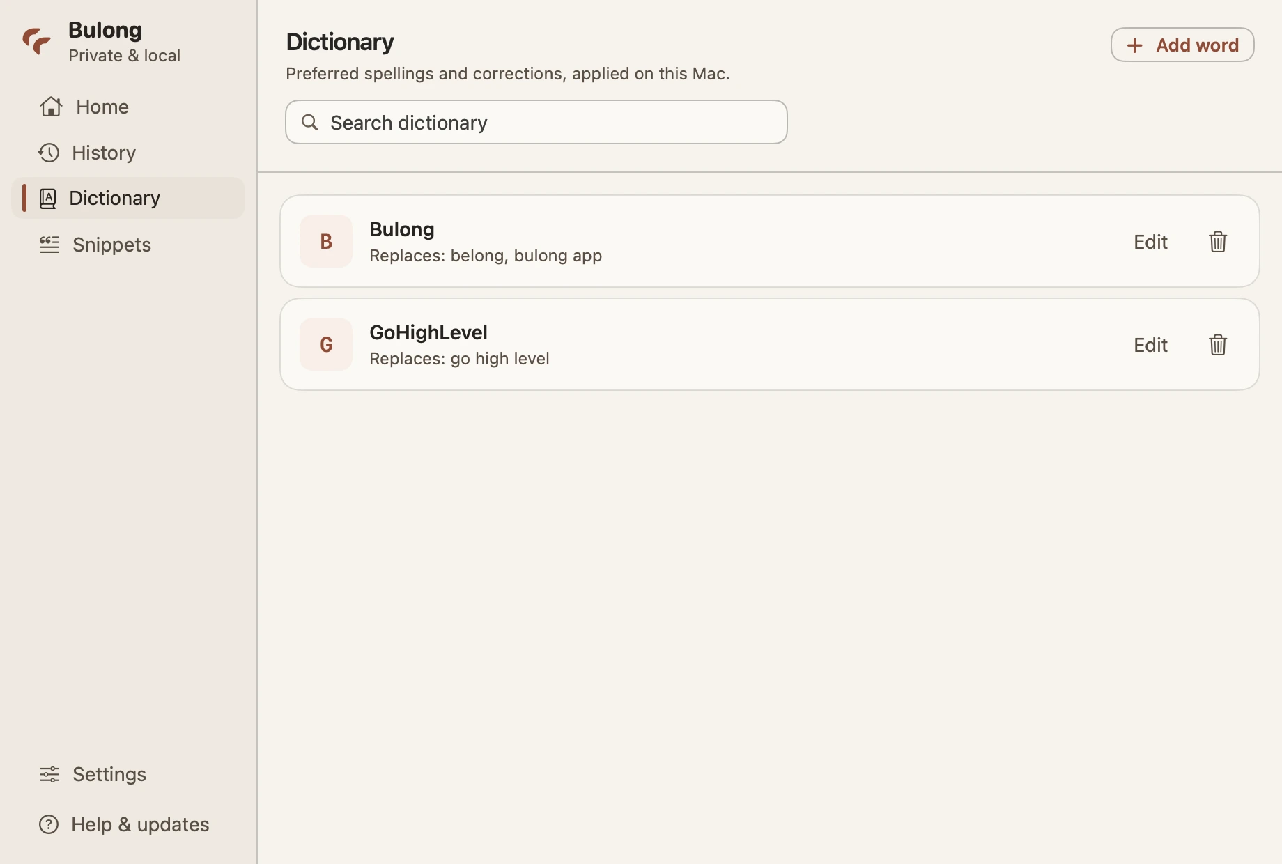 Bulong Dictionary showing preferred spellings and mistaken variants.