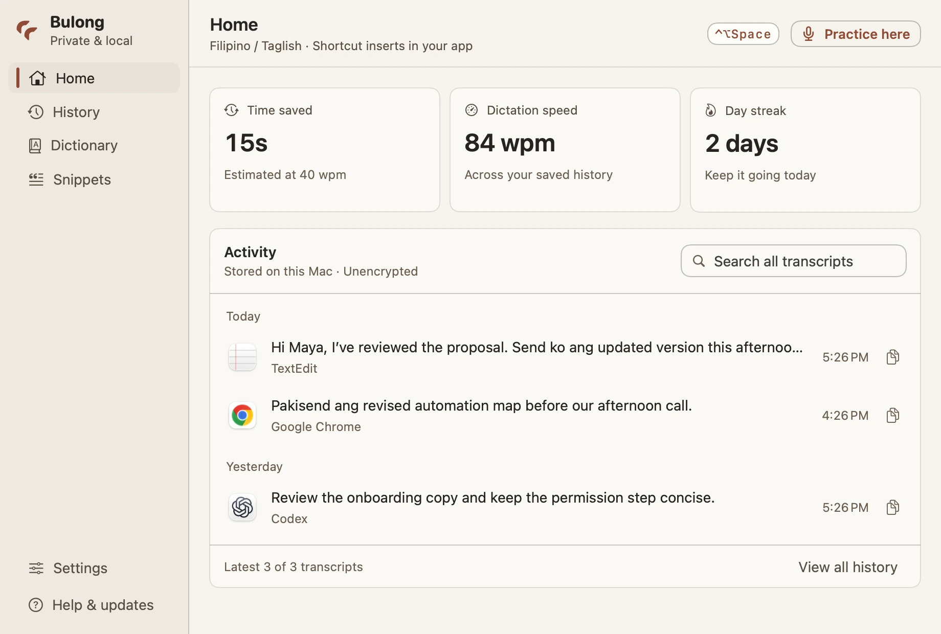 Bulong Home with speaking pace, estimated time saved, a daily streak, and searchable activity with app icons.