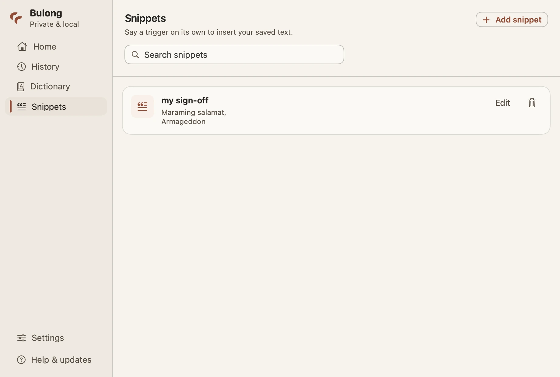 Bulong Snippets showing a spoken sign-off trigger and saved multiline text.
