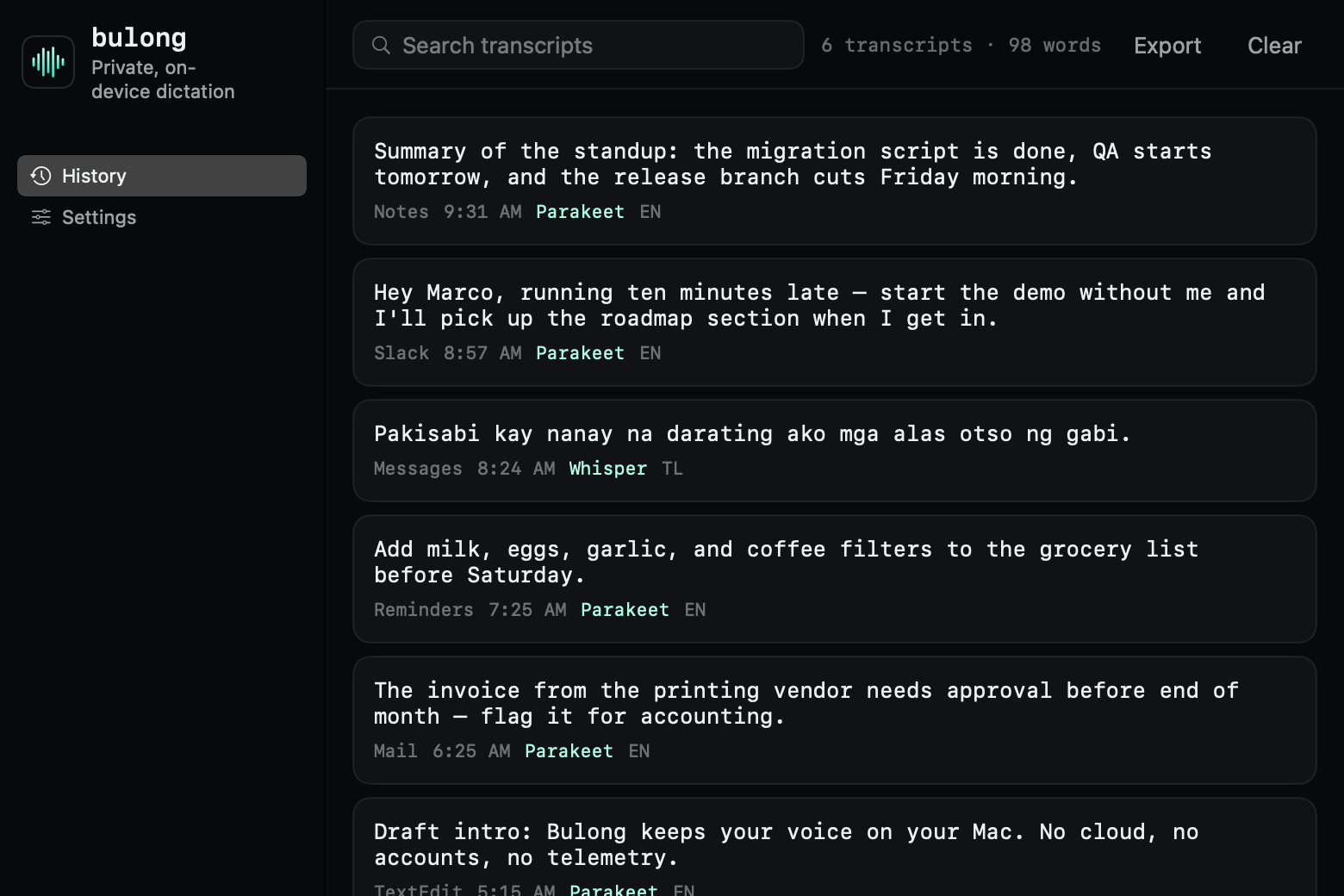 Bulong's History window listing recent transcripts with a search field, word count, and Export and Clear buttons.