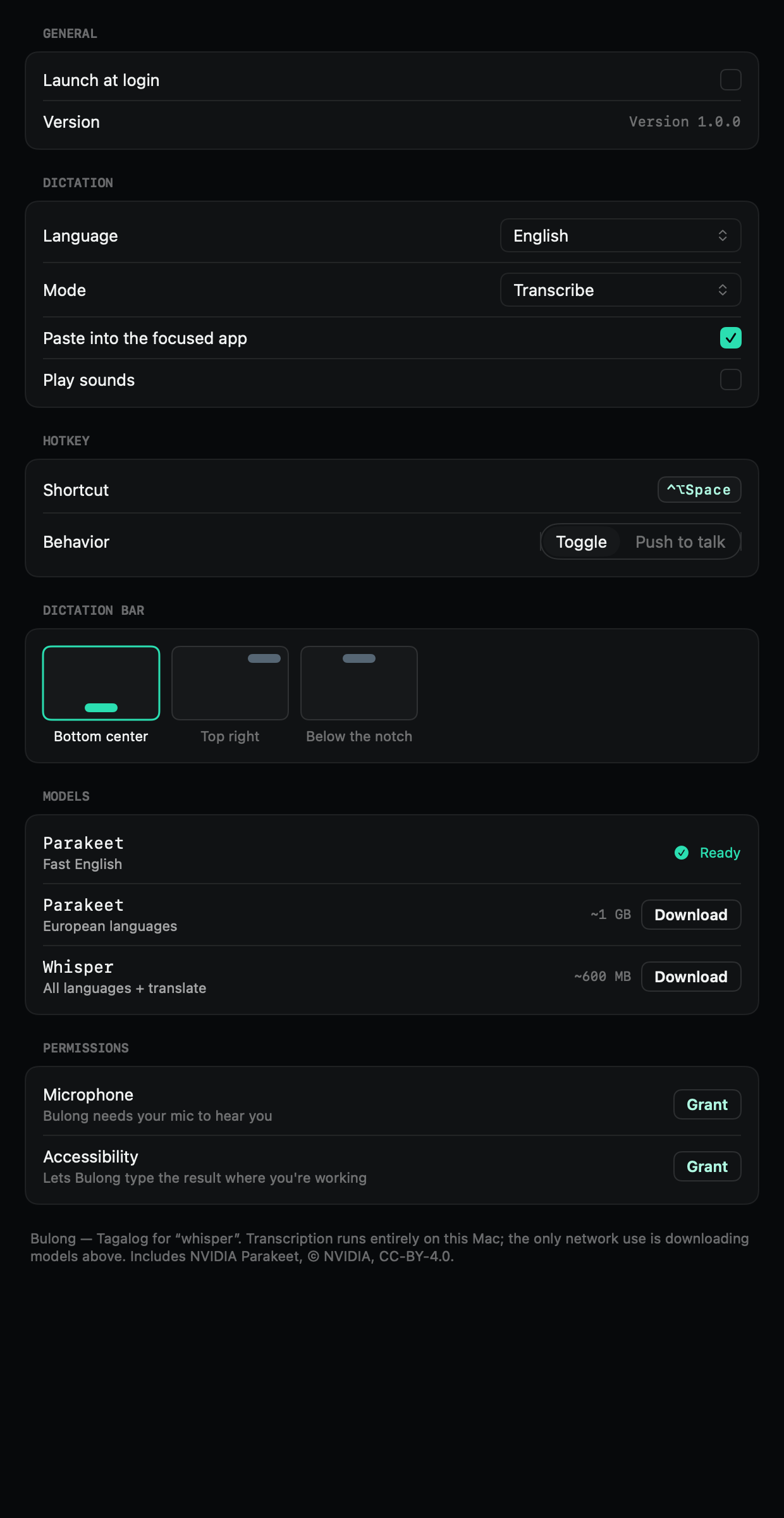 Bulong's Settings: language, dictation mode, hotkey, dictation-bar position, downloadable models, and permissions.